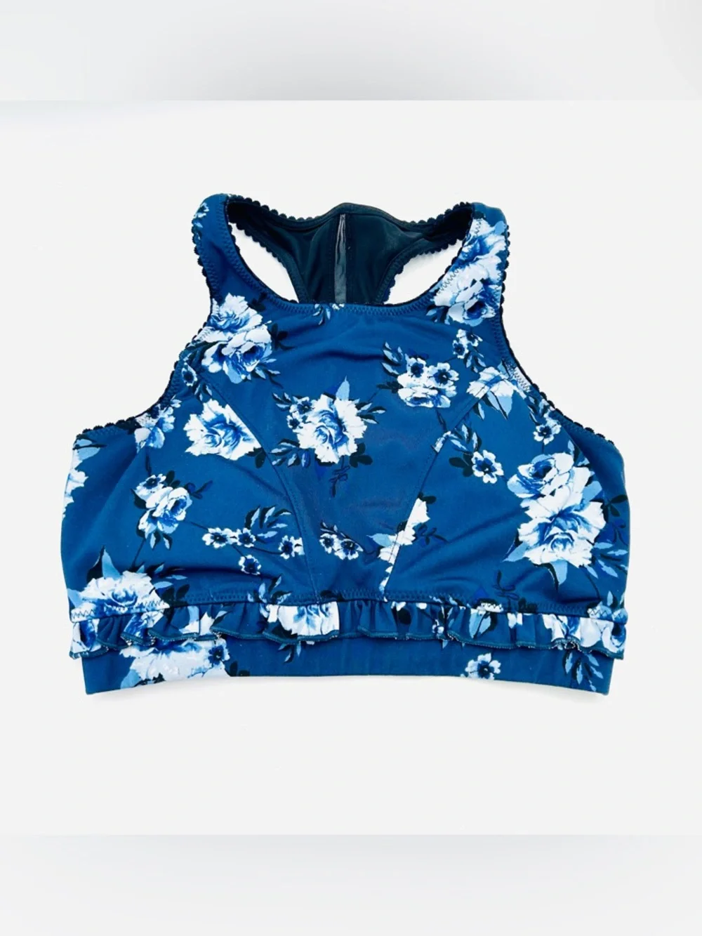 Kate Spade Blue Floral High-Neck Racerback Sports Bra ruffle women size XS